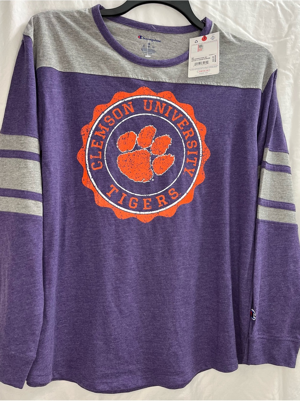 Champion Purple and Gray Clemson University Tigers Long-Sleeve Tee NWT Sz. Med